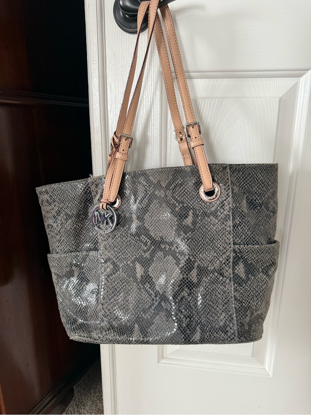 Michael Kors Gray Snake-Print Tote with Tan Straps and MK Charm